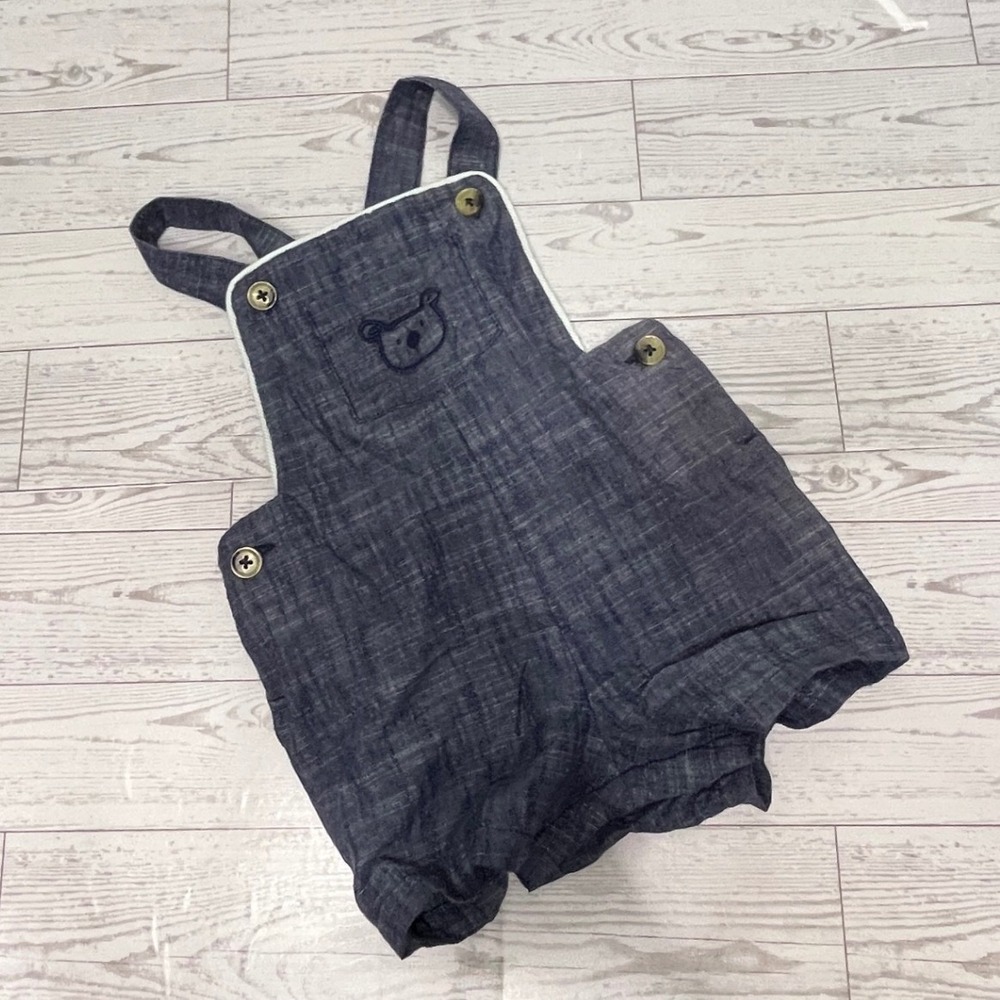 Tommy Bahama Baby Boy Blue Linen Blend Bear Embroidered Overalls 6-9M